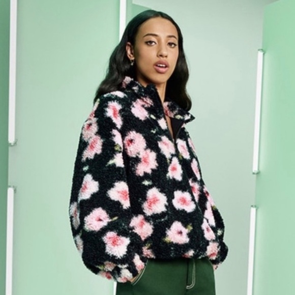 Sandy Liang x Target Floral Print Sherpa Teddy Jacket Pink/Black - Picture 1 of 3